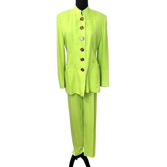 Vintage 90s Paola Quadretti Blazer & Trousers Suit Set Citron Neon Green Retro - Picture 2 of 16